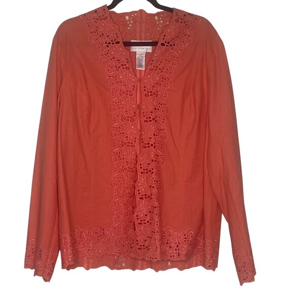 Susan Graver Linen Blend Top X-Large Coral Floral Embroidery - Picture 1 of 9
